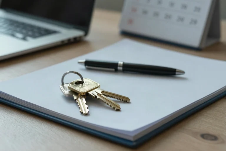 What the Renters' Rights Act changed about how landlords choose an agent 5 House keys on a fob resting on a closed folder of tenancy paperwork beside a pen and a calendar on a letting office desk