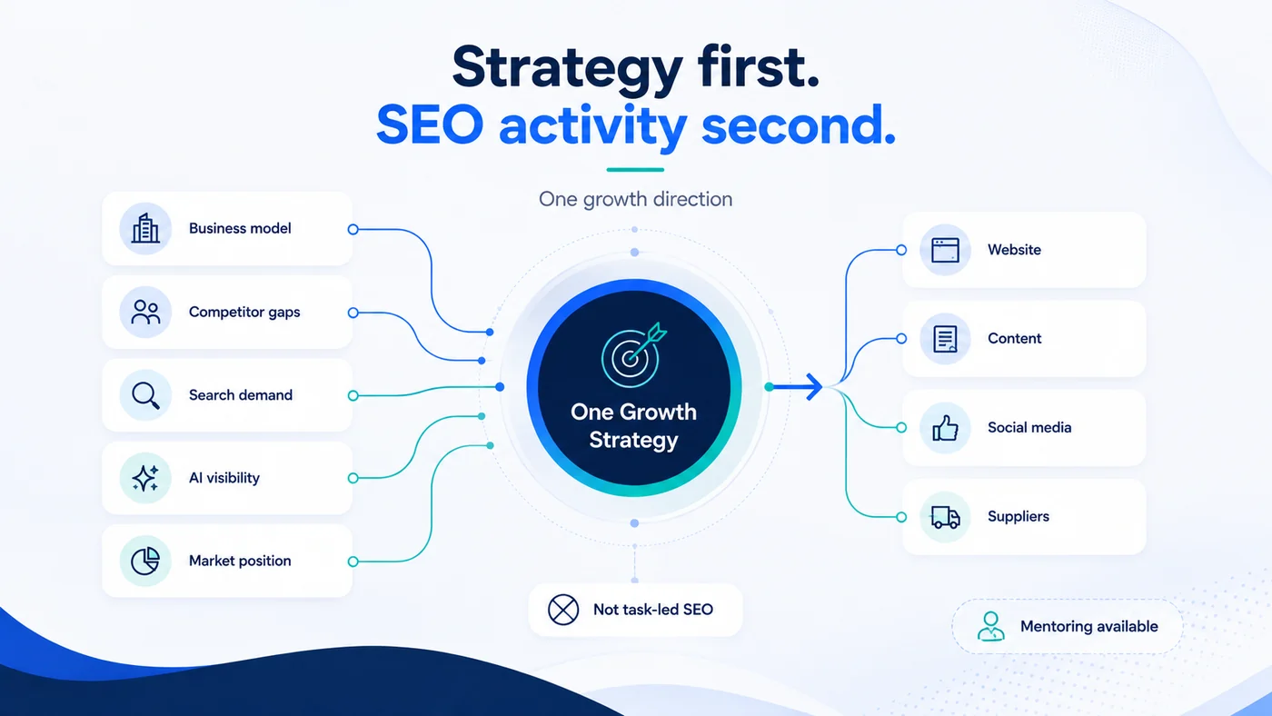 Conversion-Led Web Design & Build | True SEO 5 Diagram showing business model, competitor gaps, search demand, AI visibility and market position feeding one growth strategy that directs the website, content, social media and suppliers