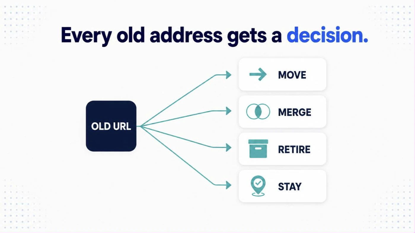 Website Migration SEO Services 4 Diagram showing the four decisions available for every old address in a website migration: move, merge, retire or stay