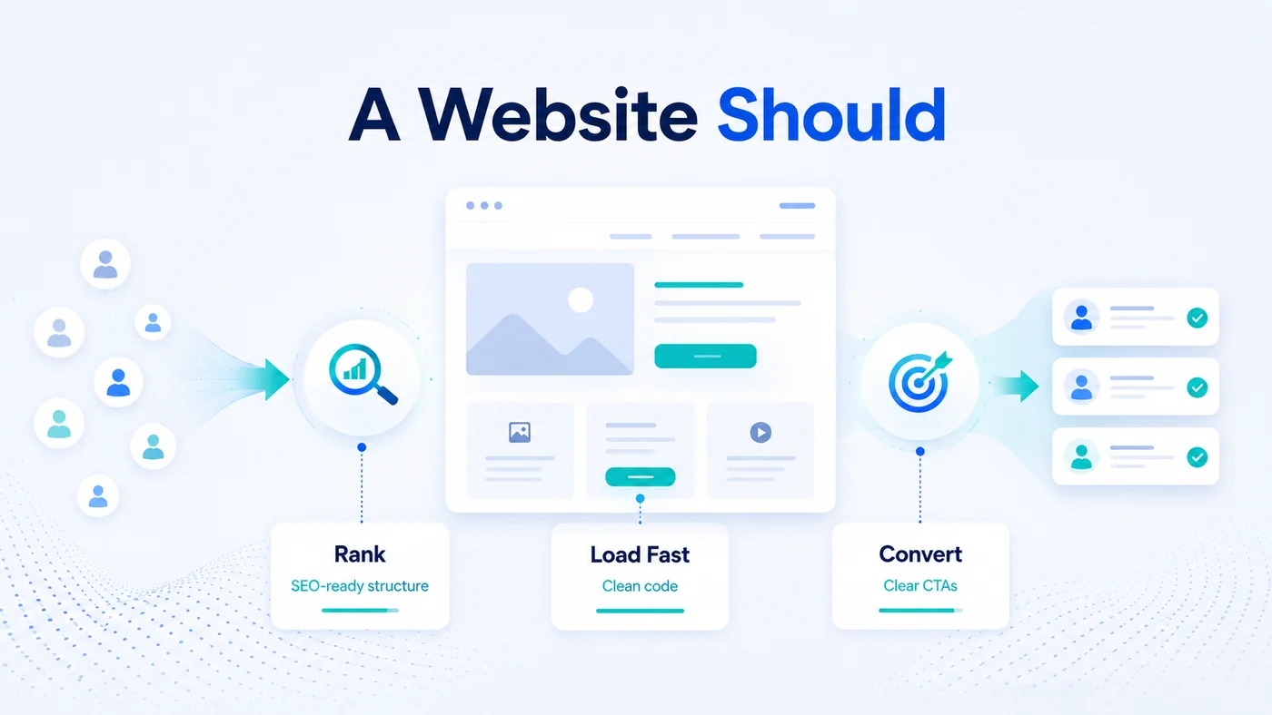 Conversion-Led Web Design & Build | True SEO 2 Diagram showing a website ranking through SEO-ready structure, loading fast through clean code, and converting through clear calls to action, with visitors flowing in and enquiries flowing out