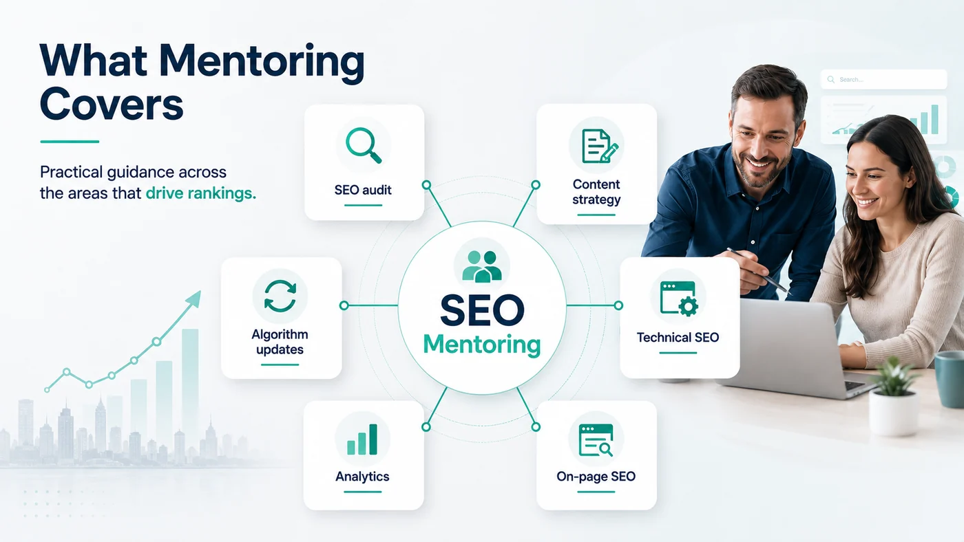 SEO Mentoring and Coaching UK, One to One With a Consultant 4 Hub diagram of what SEO mentoring covers: SEO audit, content strategy, technical SEO, on-page SEO, analytics and algorithm updates