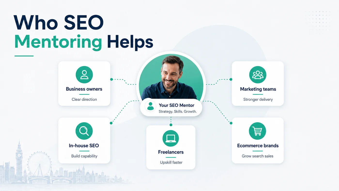 SEO Mentoring and Coaching UK, One to One With a Consultant 5 Diagram of who SEO mentoring helps: business owners wanting clear direction, in-house SEO staff building capability, freelancers upskilling, marketing teams strengthening delivery and ecommerce brands growing search sales