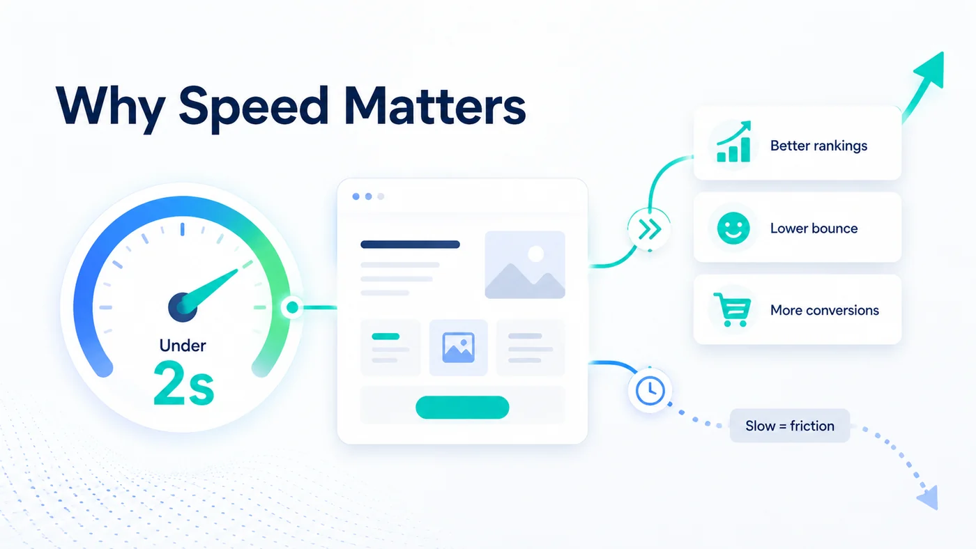 Conversion-Led Web Design & Build | True SEO 3 Diagram showing why website speed matters, linking load time to bounce rate, user experience, conversion and search visibility