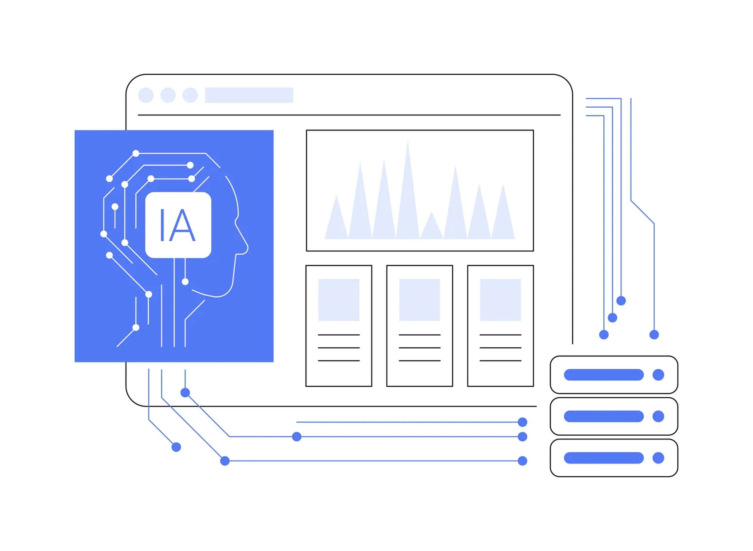 Illustration of an AI model drafting page content and charts inside a browser window