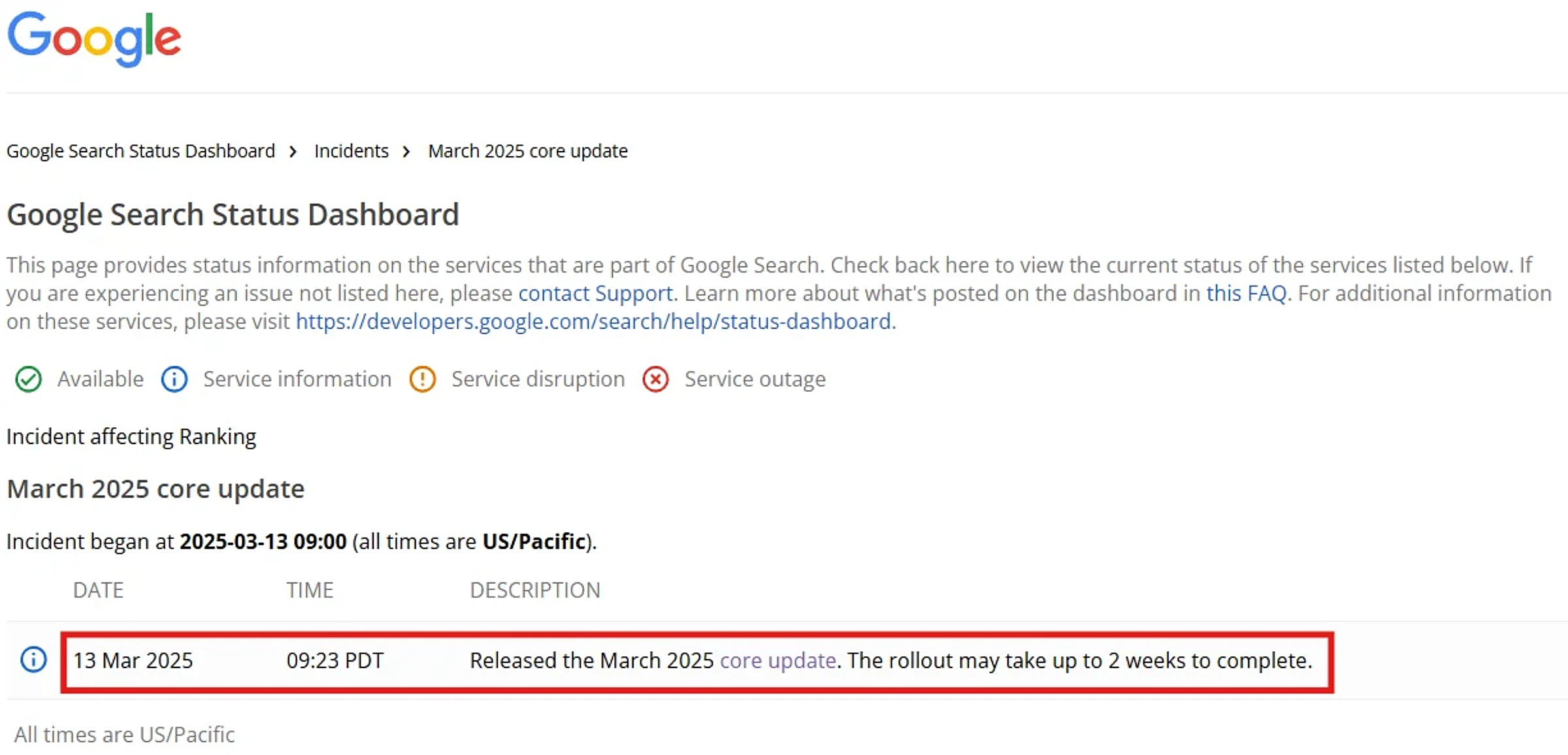 Google March 2025 Core Update | Impact, Recovery & Insights 2 Google Search Status Dashboard entry announcing the March 2025 core update and its rollout dates