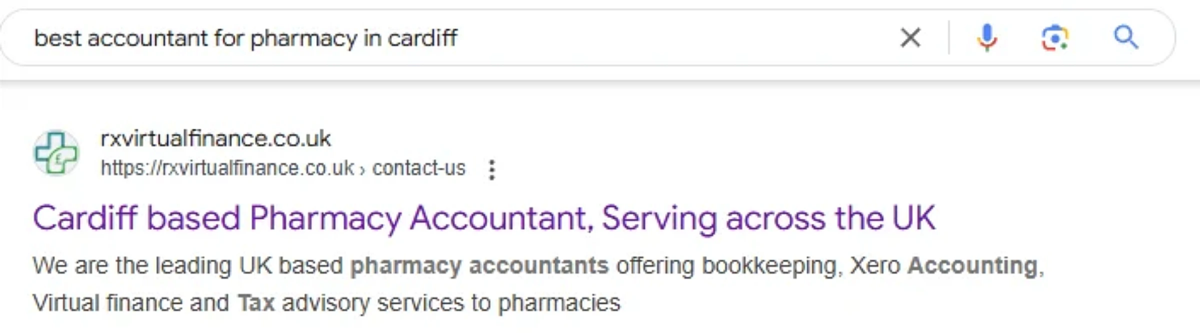 Best SEO Keywords for Local UK Accountancy Firms 1 Google result for 'best accountant for pharmacy in Cardiff' with a client pharmacy accountancy site ranking first