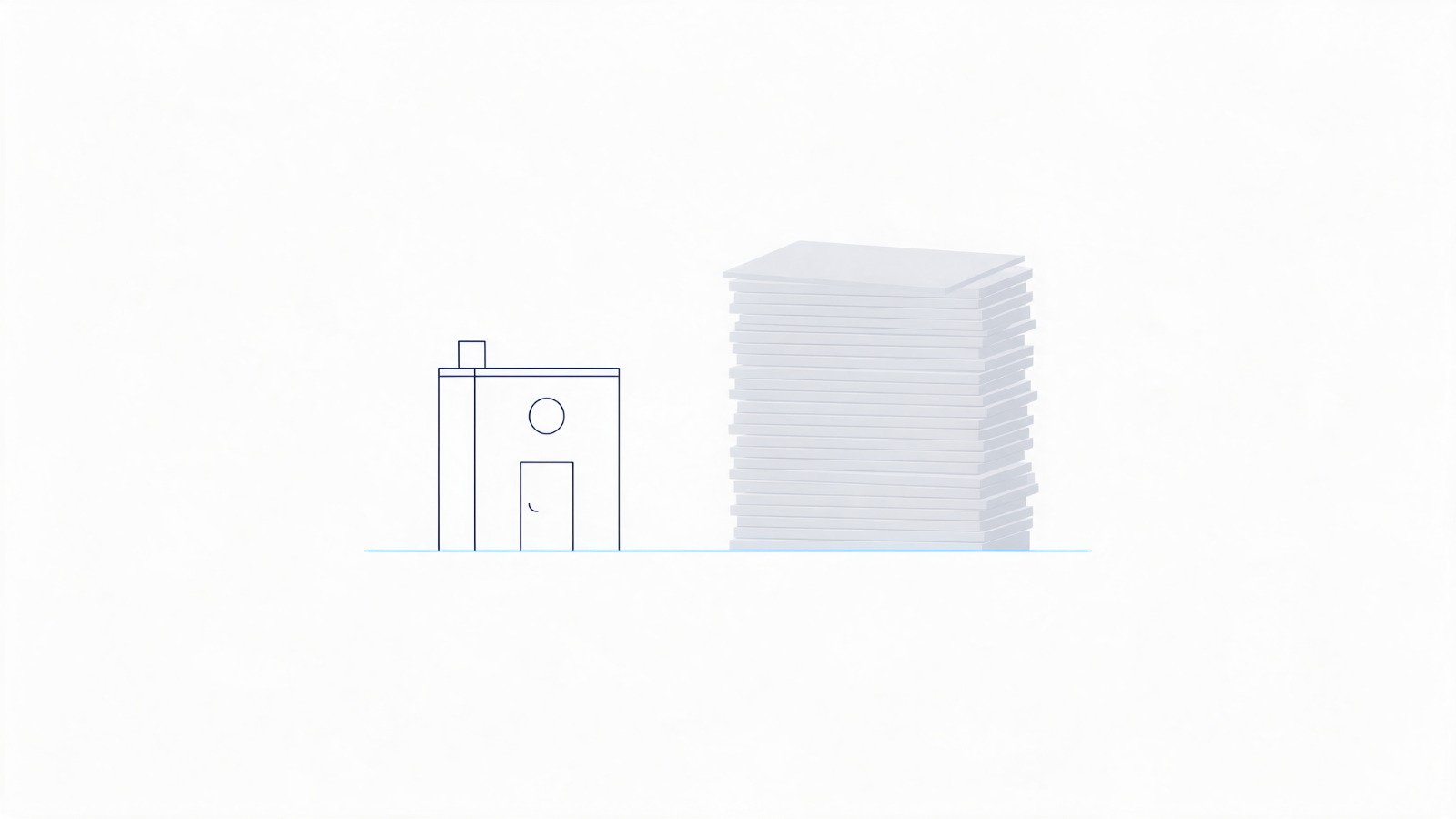 A single small practice building beside a much taller stack of identical listing cards, showing why a directory carries more local search signals than one firm
