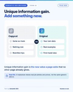 Semantic SEO Decoded card, Unique information gain: the new value a page adds that no other page already gives