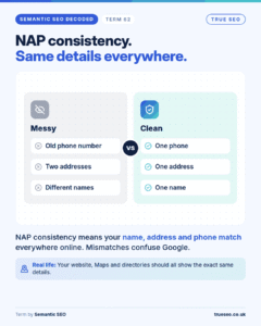 Semantic SEO Decoded card, NAP consistency: your name, address and phone number match everywhere online