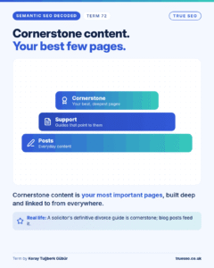 Semantic SEO Decoded card, Cornerstone content: your most important pages, built deep and linked to from everywhere