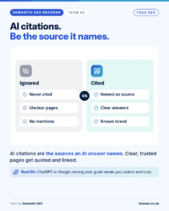 Semantic SEO Decoded card, AI citations: the sources an AI answer names