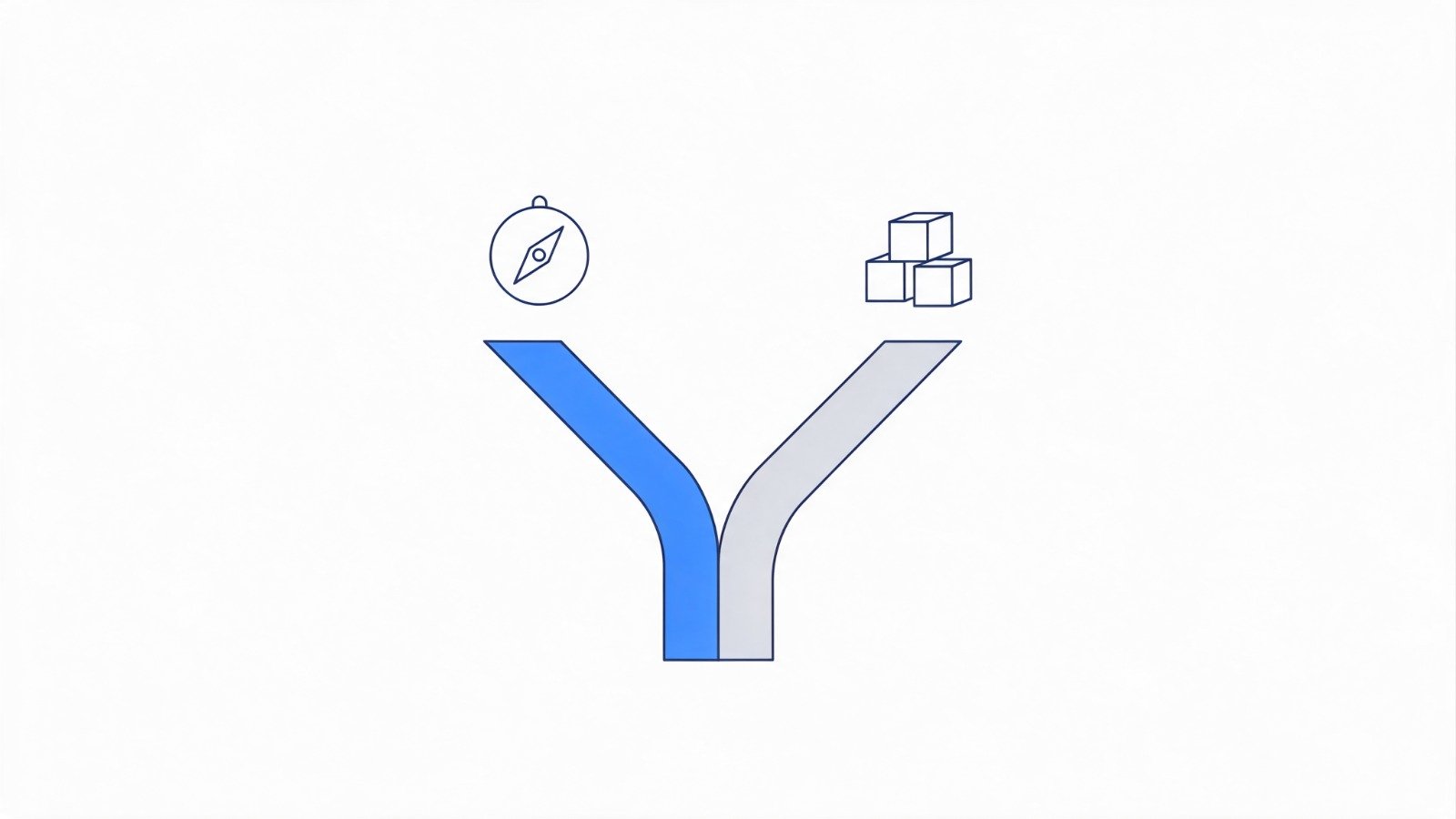 A path splitting into two branches, one marked by a compass and the other by a stack of boxes, representing the choice between buying direction and buying delivery
