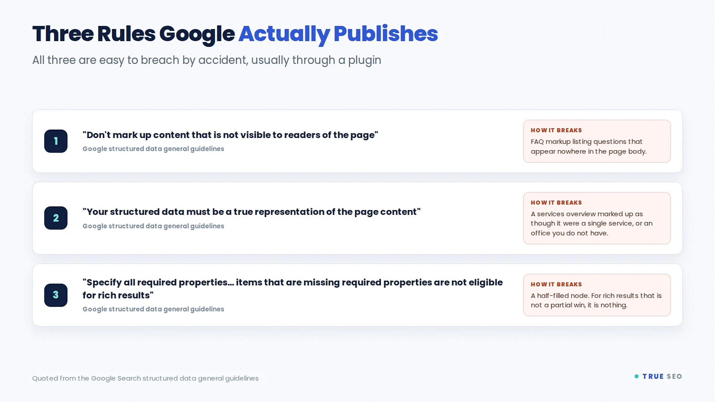 Schema Markup for Accountancy Websites: What to Add, in What Order 3 Three quoted rules from the Google structured data general guidelines, each with the way accountancy sites breach it