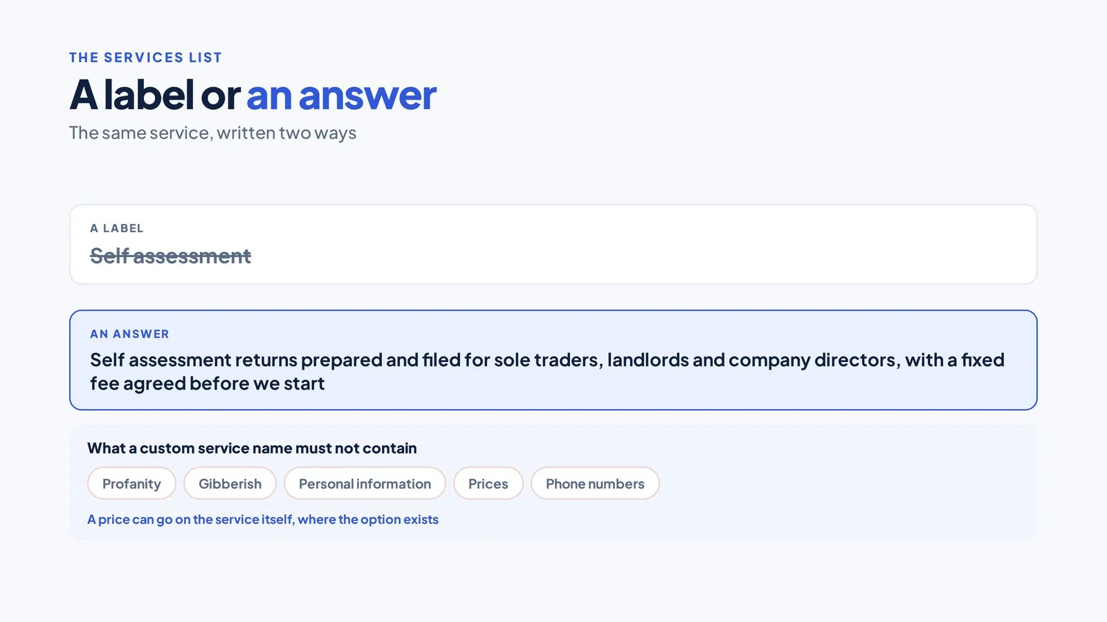 Google Business Profile for an Accountancy Practice 3 Two versions of a self assessment service entry compared, with a strip listing what a custom service name must not contain