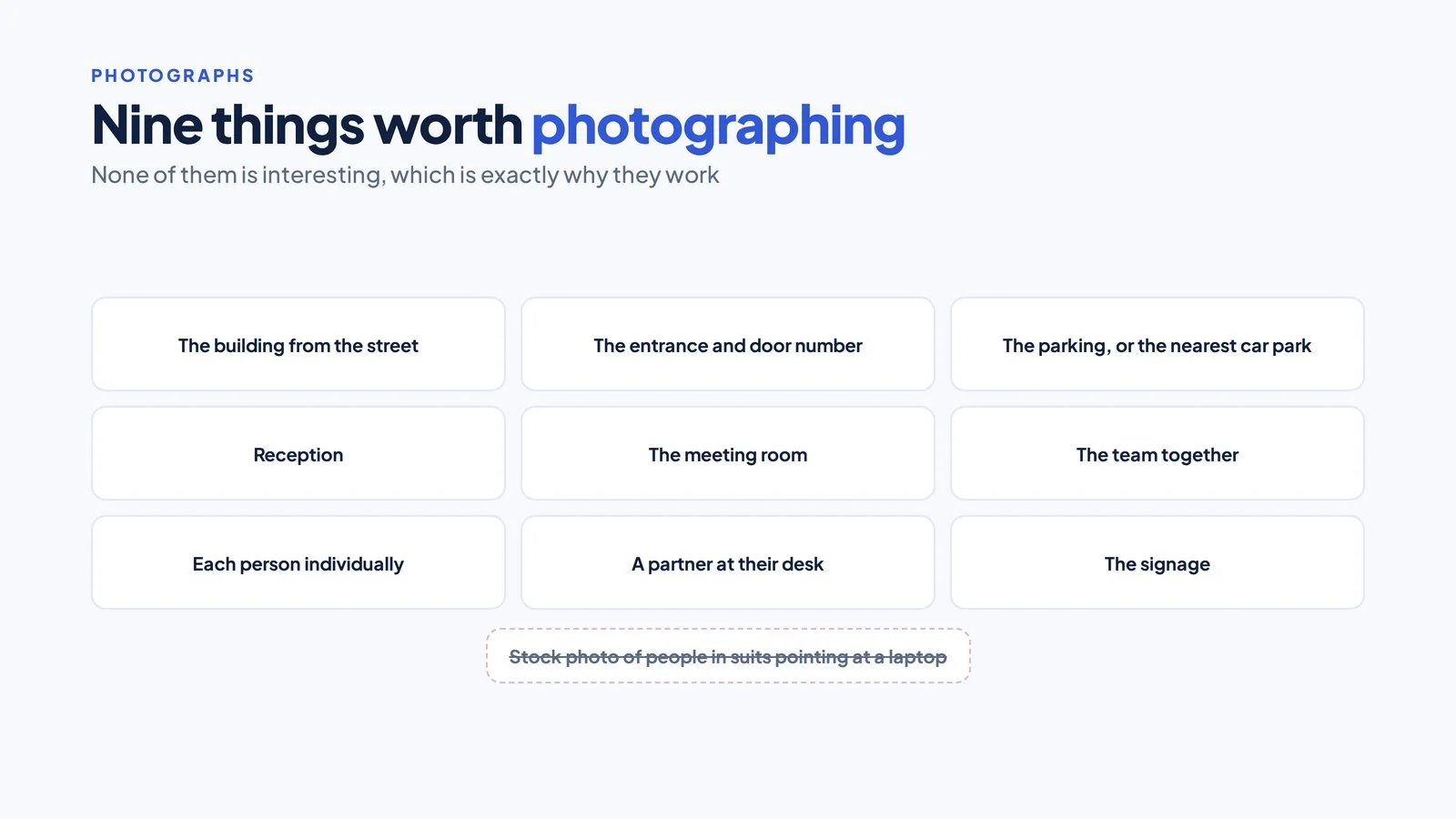 Google Business Profile for an Accountancy Practice 4 Three by three grid of nine photograph subjects for a practice with a crossed out stock photography tile below