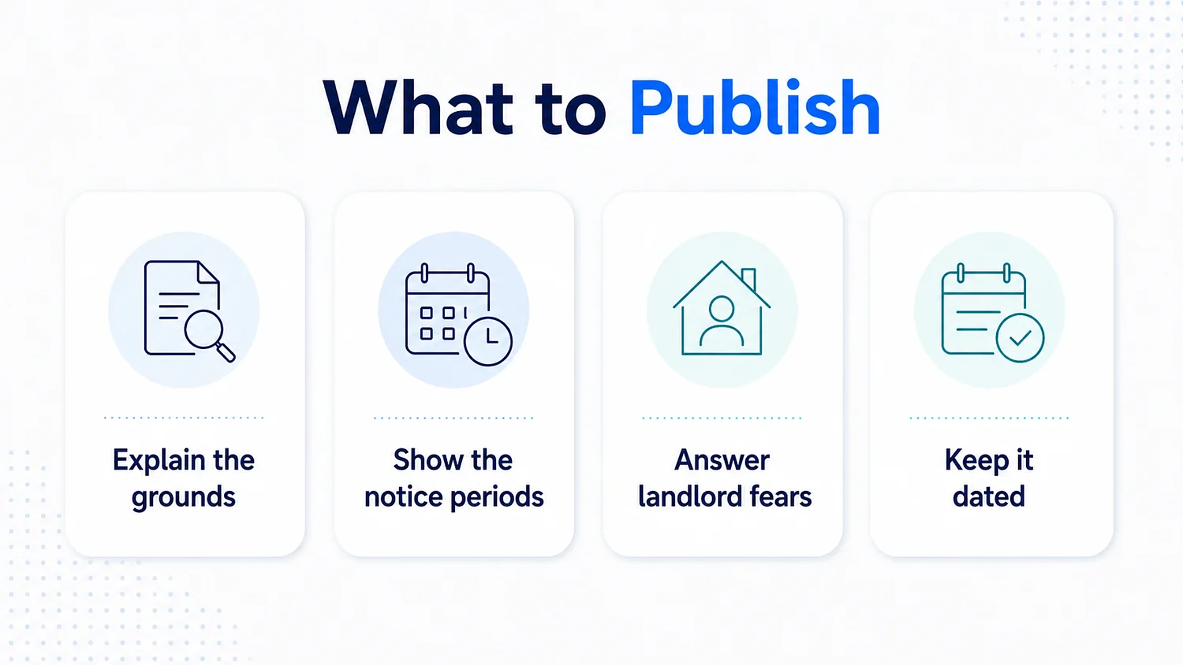 What the Renters' Rights Act changed about how landlords choose an agent 2 Four things a letting agency should publish about the new possession grounds: explain the grounds, show the notice periods, answer landlord fears and keep it dated