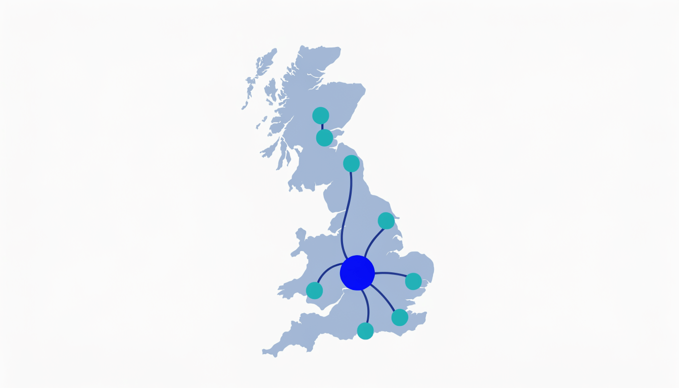 B2B SEO Agency & Consultant to Rank Your Website 18 Map of Great Britain with an SEO agency hub marked in Cardiff and connection lines reaching client locations across the UK