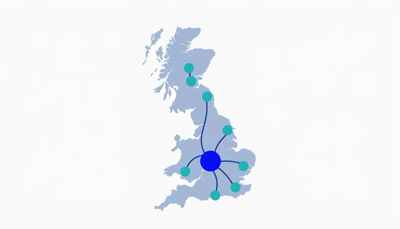 B2B SEO Agency & Consultant to Rank Your Website 18 Map of Great Britain with an SEO agency hub marked in Cardiff and connection lines reaching client locations across the UK