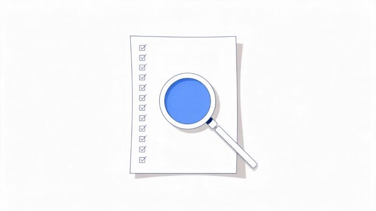 Twelve Questions to Ask an SEO Agency Before Your Practice Signs Anything 3 A sheet of paper with a column of ticked checkboxes, seen under a magnifying glass, representing the questions a practice puts to an SEO agency before signing