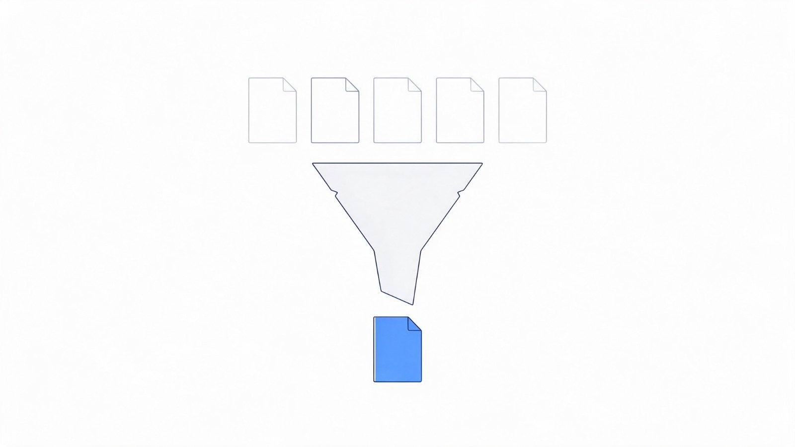 Twelve Questions to Ask an SEO Agency Before Your Practice Signs Anything 2 Five document shapes funnelling down into a single highlighted document, representing a shortlist of agencies narrowed by the twelve questions