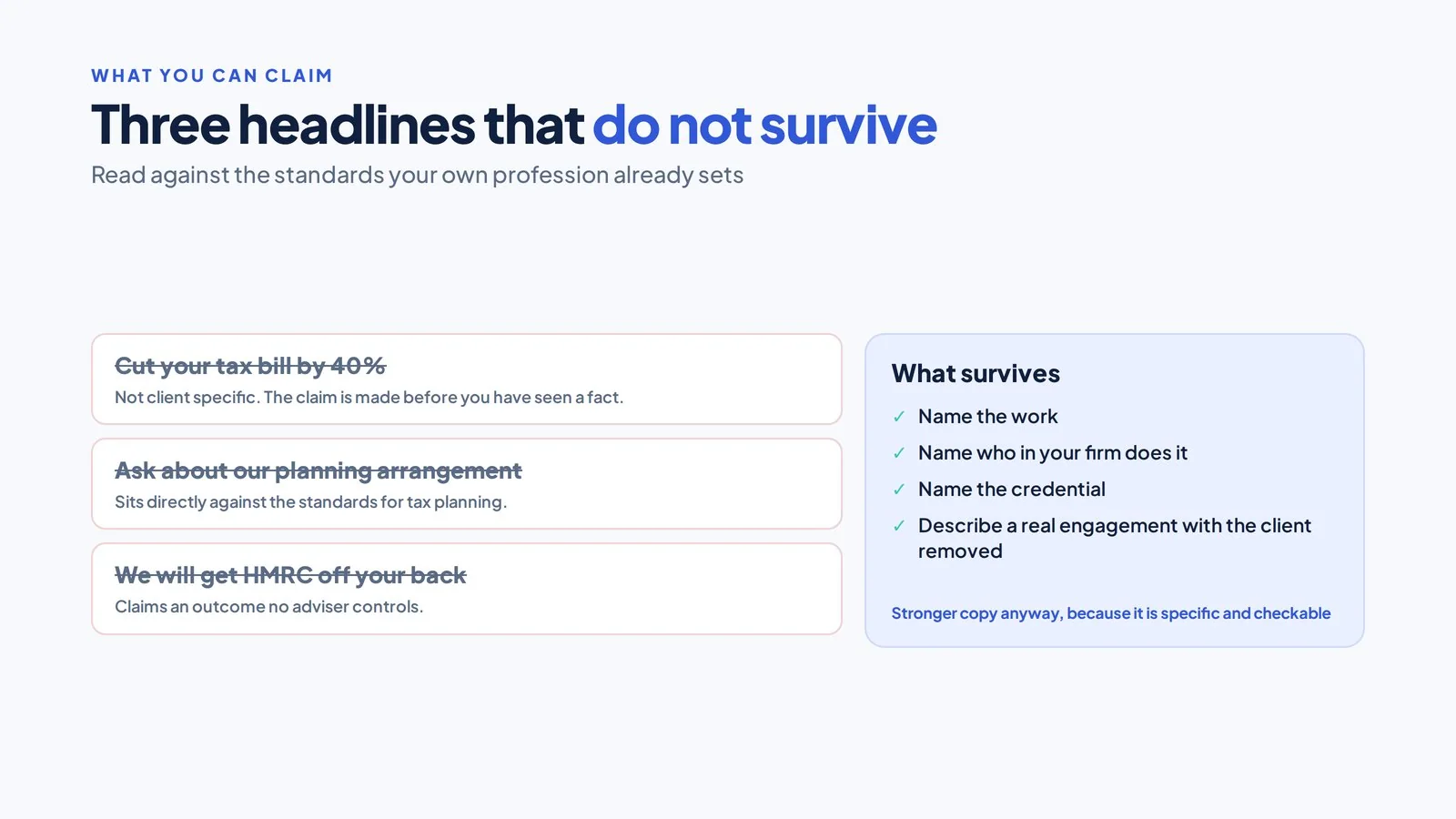 SEO for Tax Advisers and Tax Specialist Firms 4 Three crossed out website headlines with the reason each fails beside a card listing what a tax firm can say instead