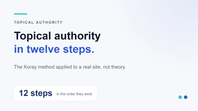 How to Gain Topical Authority: 12 Proven Steps 30 Topical authority in twelve steps. — The Koray method applied to a real site, not theory.