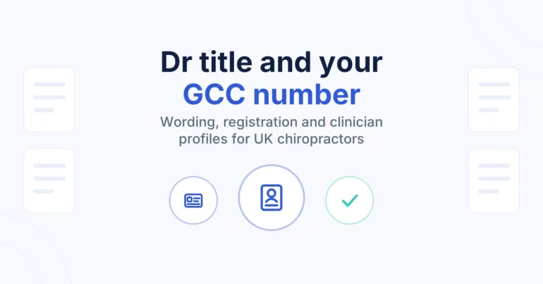 Can a Chiropractor Use the Title Dr in the UK? The Wording, Your GCC Number and Clinician Profiles 3 Title card reading Dr title and your GCC number, with a registration card, a profile page and a tick icon